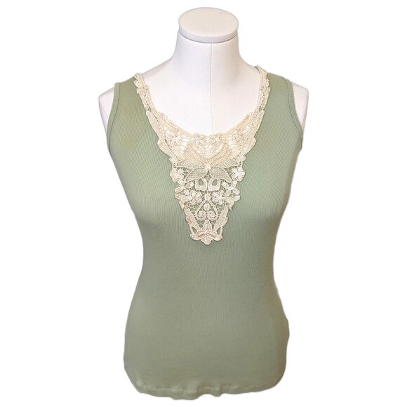Womens Pastel Green Tank Top Fairy Coquette Beaded Lace Detail Summer Sz L - Picture 2 of 8